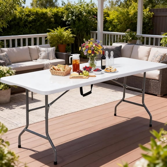 6FT Folding Table, Portable Plastic Foldable Table with Steel Legs and Carrying Handle, Heavy-Duty Utility Table for Party, Dining, Picnic, Camping, Indoor & Outdoor Use, 70" x 28" (White)