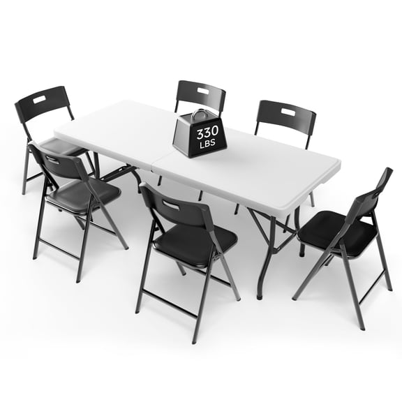 6FT Folding Table and 6 Chairs Set – Heavy-Duty Portable Furniture for Camping & Parties, 330 lb Table & 330 lb Chairs Capacity, Indoor/Outdoor Use