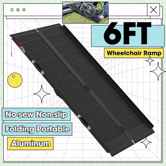 6FT Folding Wheelchair Ramp, Portable Aluminum Threshold Ramp with Non-Slip Surface, 600 lbs Capacity