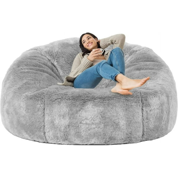 6FT Giant Bean Bag Chair Cover (Cover only, No Filler), Cuopluber Soft Faux RH Fur Sofa Bed Washable Bean Bag Couch Cover for Adult and Kids with Liner, Gray