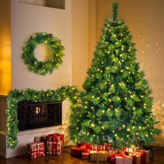 6FT Grass Green Christmas Tree, Large Branches Pine Tree, Pre-Lit Set with Tree & Garland & Wreath, Artificial Christmas with Pine Cones, Hinged Xmas Tree , for Holiday Party Ofiice Home