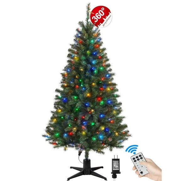 6FT Green Pre-Lit Pencil Artificial Christmas Tree with 360 ° Rotating Base, 300 LED Warm & Multicolor Lights, 8 Lighting Modes, Slim Xmas Tree Holiday Decoration