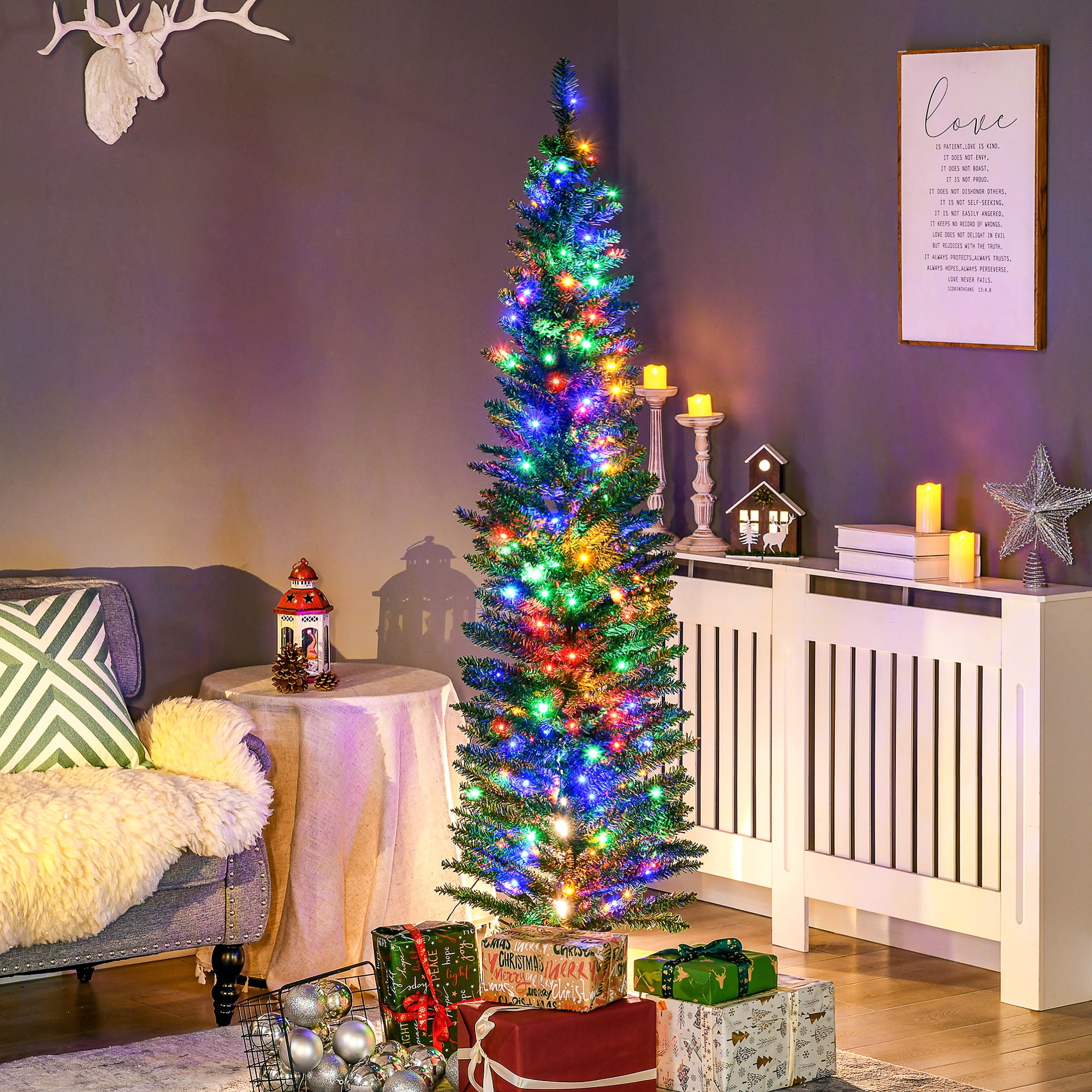 6FT Green Slim Pencil Artificial Christmas Tree, 390 Tips with Pine Cones 150 Multi-Colored LEDs, Hinge Section Design, Flame Retardant Steel Base, Indoor Holiday Decor