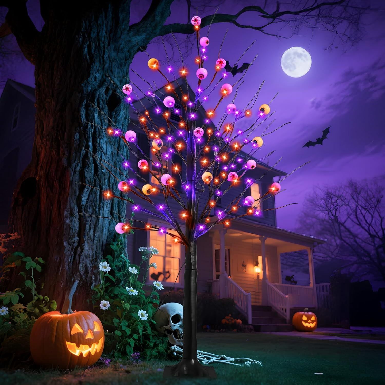 6FT Halloween Decorations Spooky Tree Lights, Large Black Trees with 144 Orange & Purple LEDs, Light up Artificial Tree with Time Function for Outdoor Indoor Home Party Decor
