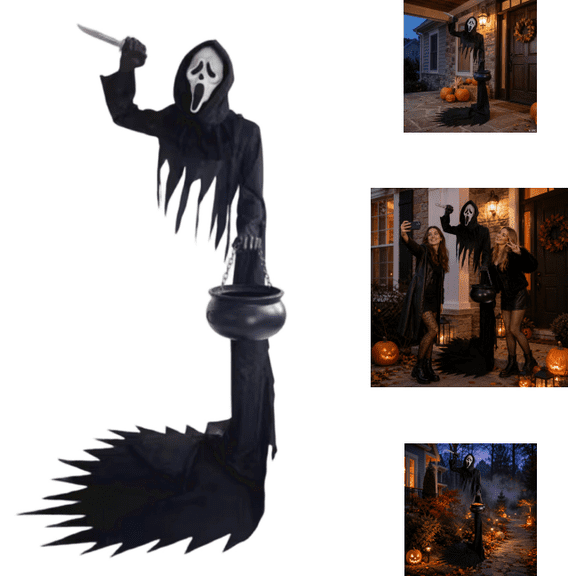 6FT Halloween Ghost Candy Holder, Scary Scream Ghost Candy Bowl Stand with Cauldron, Ghost Figure Decoration for Yard Halloween Party Supplies