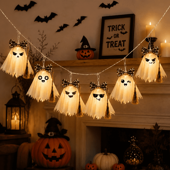 6FT Halloween Ghost String Lights, Lighted Cute Ghost Ornaments, Light up Ghost Garland with Leopard Bows and Mini Brooms Warm White LED Hanging Party Decor
