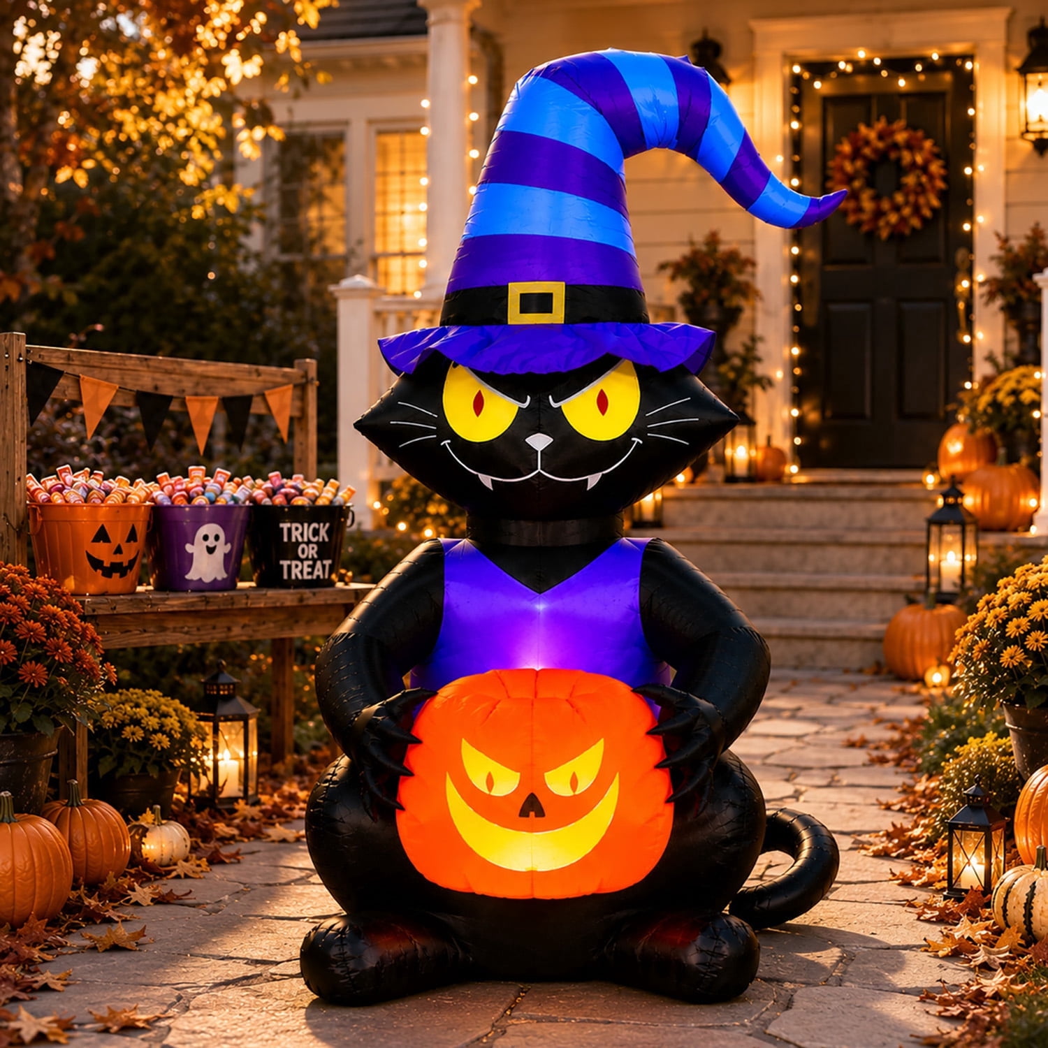 Toiyjofe 6ft Halloween Inflatable Black Cat with Jack-o'-Lantern and ...