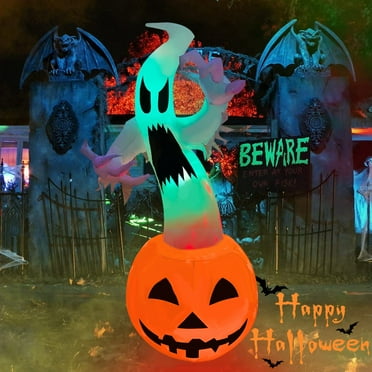 6FT Halloween Inflatables Outdoor Decoration, White Ghost, Pumpkin, Blow Up Yard Decoration with LED Lights