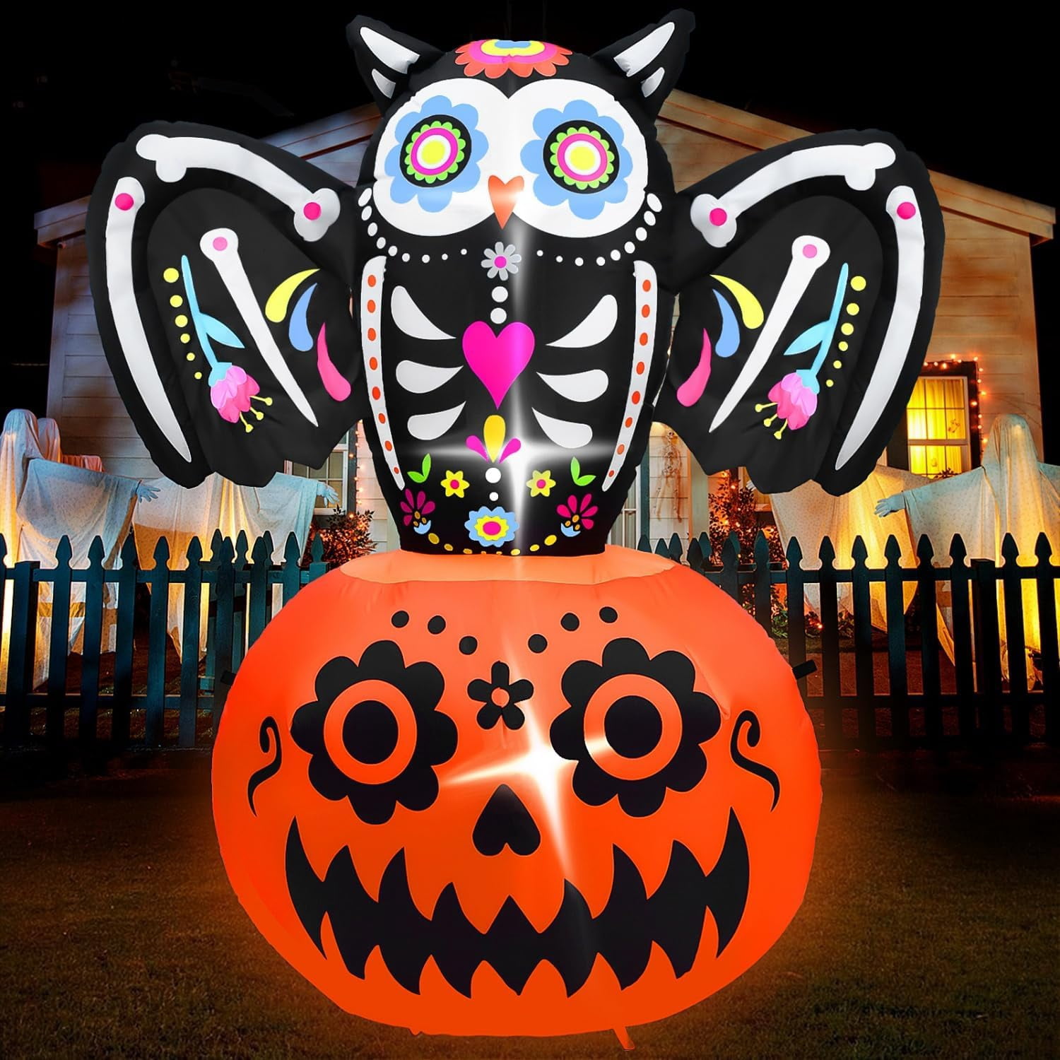 6FT Halloween Inflatables Pumpkin with Skull Owl Sugar Skull Inflatable ...