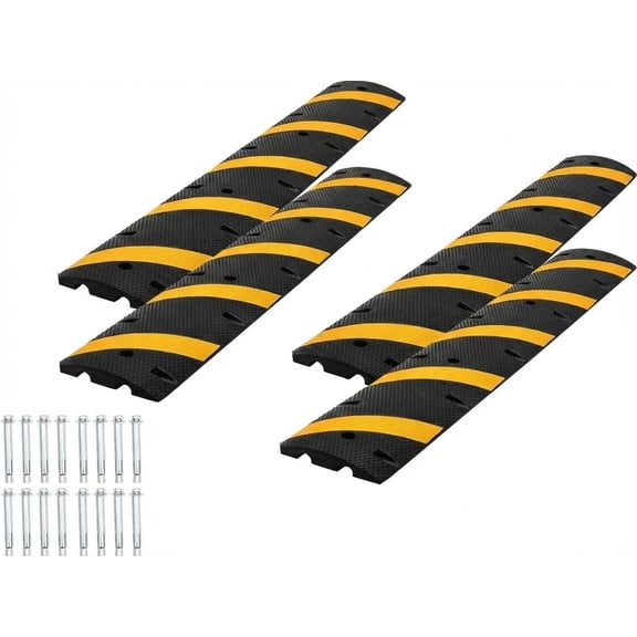 6FT Heavy Duty Recycled Rubber Speed Bump, 4 Pack 25,000 Lbs Capacity Speed Bump Cable Protector Ramp, 2 Channel Traffic Hump, for Parking Lot, School, Warehouse, Driveway, Portable & Durable