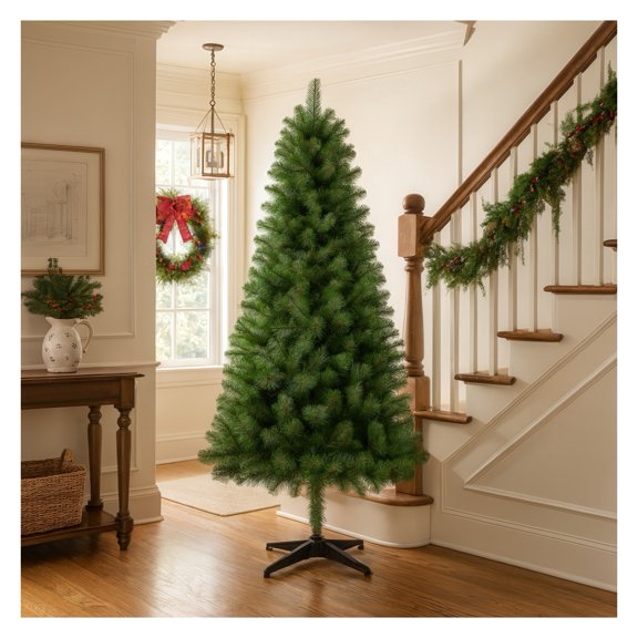 6FT Hinged Unlit Artificial Christmas Tree with 582 Tips, Full PVC Branches, Green Holiday Tree with 4-Leg Plastic Stand for Indoor Christmas Decoration