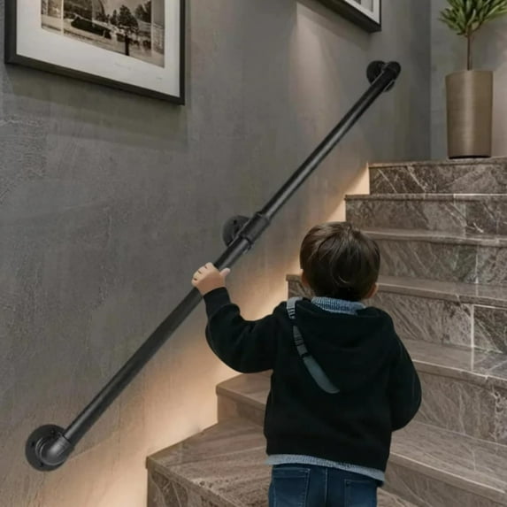 6FT Industrial Pipe Stair Railings Indoor, Hand Rails for Indoor Stairs, Wall Mounted Stair Handrail for Outdoor Steps, Support Black Stair Railing for Loft Porch Deck(2 Section)
