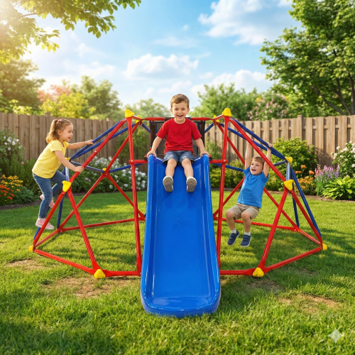 6FT Kids Climbing Dome with Slide, Geometric Metal Jungle Gym Climber for Kids Ages 3-10, Outdoor Playground Equipment, Backyard Climbing Dome with Climbing Stones for Outdoor Play, Blue+Red