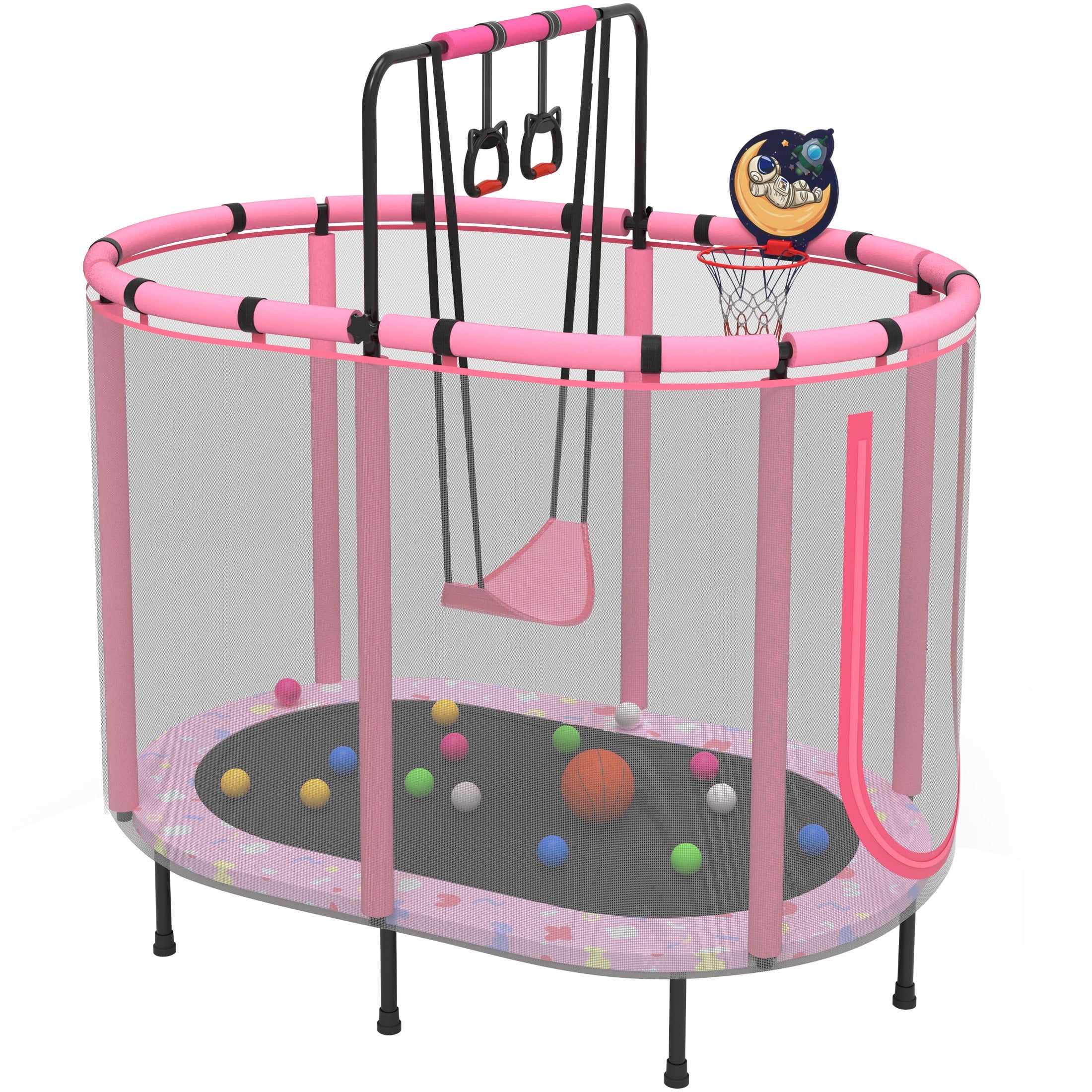 60" Kids Trampoline with Swing, Horizontal Bar, SEGMART 4-in-1 Oval Toddler Trampoline with Enclosure Safety Net, Outdoor Indoor Backyard Recreational Trampoline for Kids, Toddlers, Baby