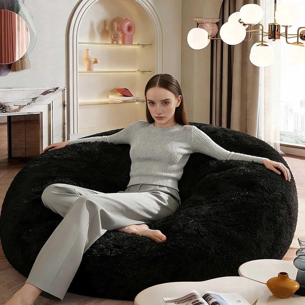 Sanae 6FT Large Bean Bag Chair, Memory Foam Sofa with Washable Suede Cover, Reinforced Zipper for Adults Kids Living Room Bedroom, Black