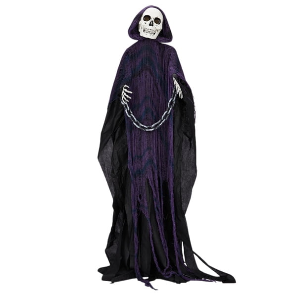 6FT Life Size Animatronic Grim Reaper Halloween Decoration, Sound Activated with Glowing Red Eyes, Moving Head & Hands, Scary Voice Phrases Battery Operated for Yard Haunted House Party Decor