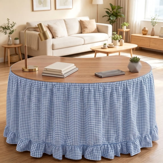 6FT Light Blue Gingham Ruffled Table Skirt, Woven Fabric Table Cover for Baby Shower, Gender Reveal, First Birthday Party, Dessert Table Decor, Rectangular Table, 30 x 72 Inch