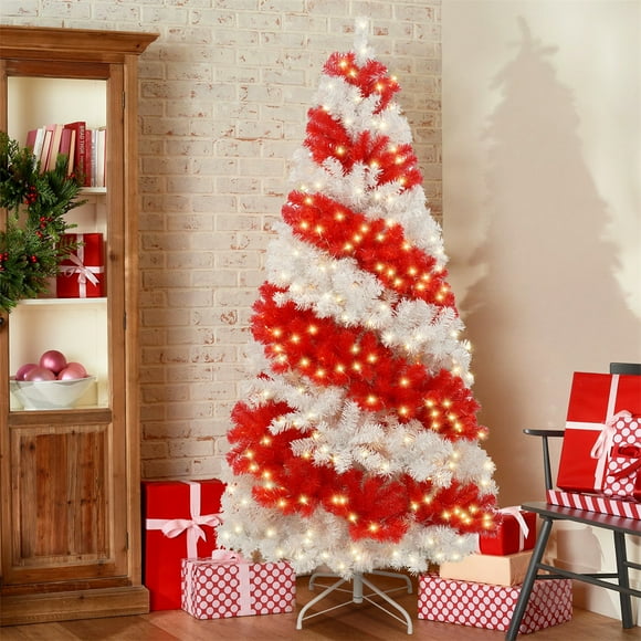 6FT Lighted Artificial Christmas Tree, Sweet Candy Cane Christmas Tree with 300 LED Lights and 900 Branches, Christmas Home Party Decoration, Red and White