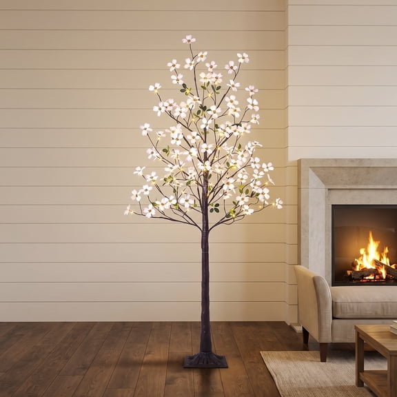 6FT Lighted Artificial Dogwood Flower Tree with Berries, 120 WarmWhite Lights, for Indoor Outdoor Home Party Wedding Decor