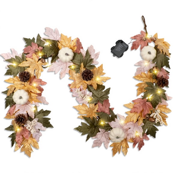 6FT Lighted Fall Garland for Mantel, 30 Warm LED Lights, Lush Maple Leaves with Pumpkins, Pinecones & Berries, 8 Lighting Modes, Auto Timer, Harvest Thanksgiving Decor