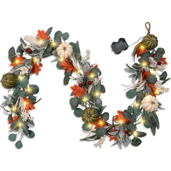 6FT Lighted Fall Garland for Mantel, 30 Warm LED Lights, Lush Lamb's Ear Leaves with Pumpkins & Berries, Farmhouse Harvest Thanksgiving Decor