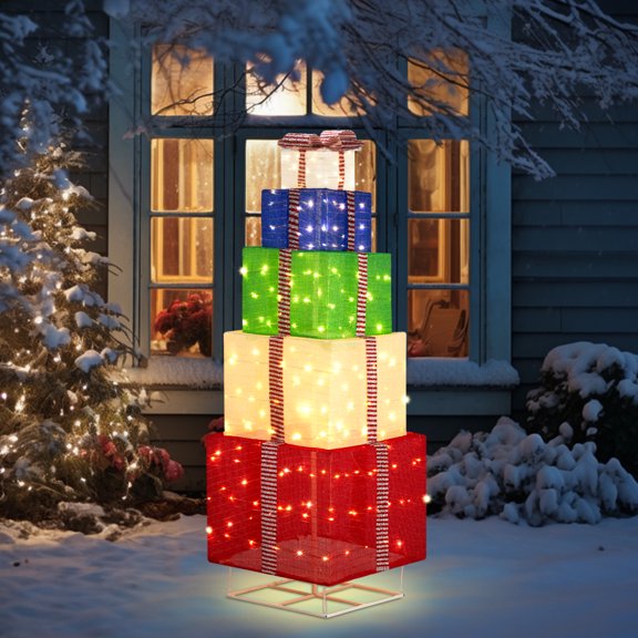 6FT Lighted Gift Box Tower, Pre-lit Pull Up Present Boxes with 200 LED Lights and Ropes Stakes, Lighted Stacked Gift Boxes for Christmas Outdoor Indoor Decorations, Multicolor