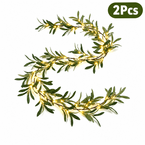6FT Lighted Olive Garland with 96 Warm White LEDs, Battery Operated with Timer, Artificial Vine for Fireplace, Mantel, Table & Wall Decor, IP44 Waterproof(2Pcs)