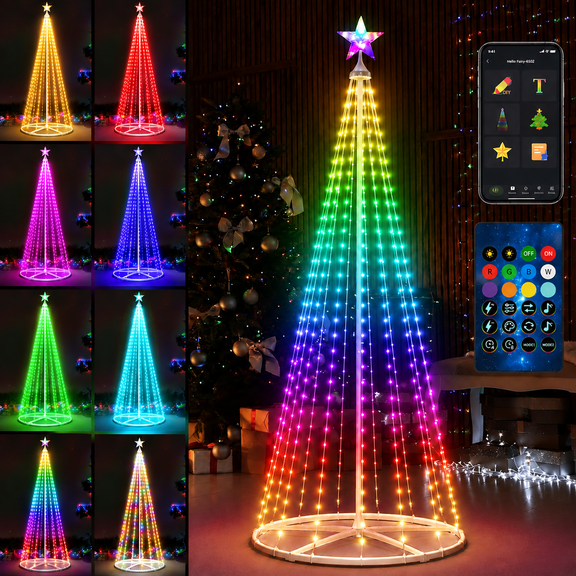 6FT Lighted Outdoor Christmas Tree, 250 RGB LED Cone with App & Remote, Music Sync Color Changing Lights for Yard Patio Garden