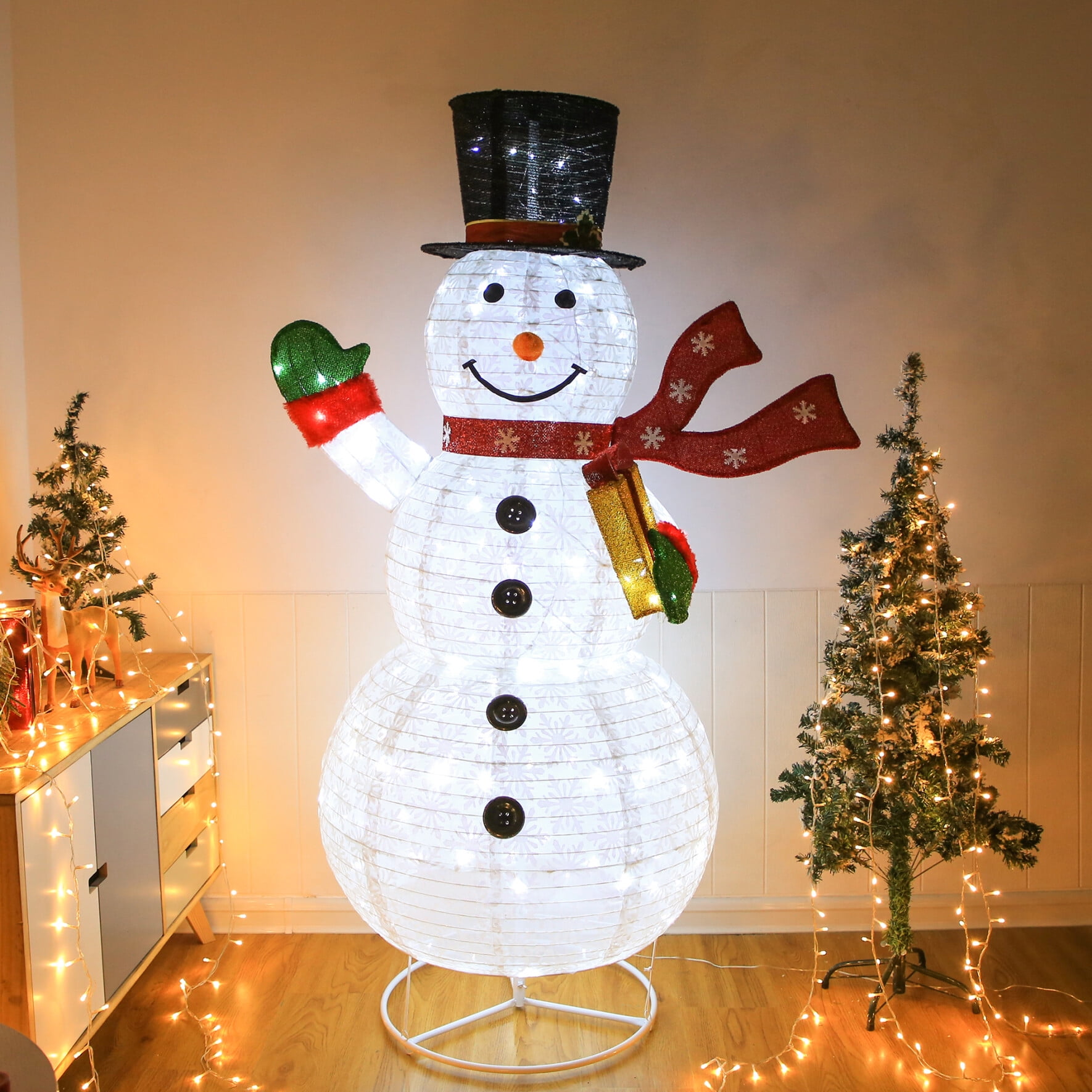 6FT Lighted Snowman Christmas Decorations w/ 200 LED Lights, Foldable Light Up Snowman, Popup