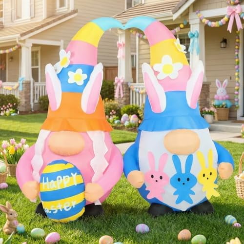 6FT Long Easter Inflatables Outdoor Decorations, Colorful Bunny Hat Gnomes Couple Blow Up Decor with Easter Egg & Bunny, Built-in LED Lights Easter Yard Decoration for Holiday Lawn Garden Indoor