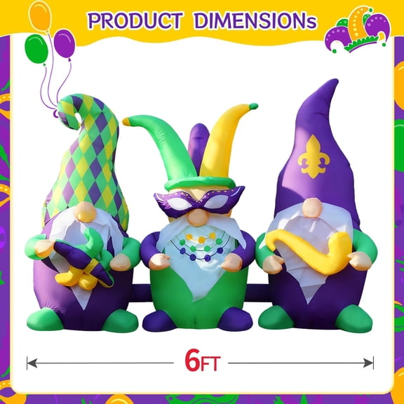 6FT Mardi Gras Inflatable Gnome, Carnival Gnomes with Saxophone Mask Beads Jester Hat and Fleur De Lis Blow up Yard Decoration, Outdoor Built-in LED Lights Party Lawn Holiday Decor Outside