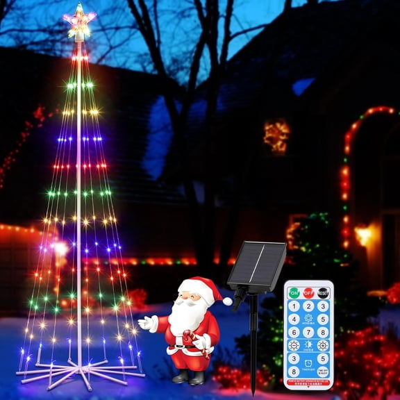6FT Multicolor Christmas Cone Tree Light Solar Animated Outdoor Christmas Tree Light Show with 8 Modes Timer Remote Dimmable Artificial Christmas Tree for Lawn Porch Indoor Outdoor Decoration