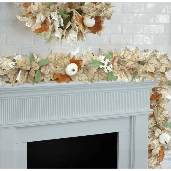 6FT Neutral Fall Maple Leaf Garland with White Pumpkins & Berries, Rustic Thanksgiving Fireplace Mantle Decor, Artificial Autumn Hanging Garland for Home & Wedding