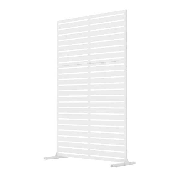6FT Outdoor Metal Privacy Screen with Stand, Freestanding White Slatted Fence for Patio, Garden, Balcony & Trash Can Enclosure