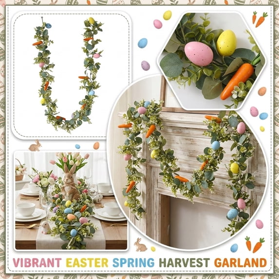 6FT Pastel Easter Eggs Garlands for Mantle, Artificial Colorful Spring Easter Garland with Carrot & Eggs for Door Window Wall Holiday Party Easter Decor