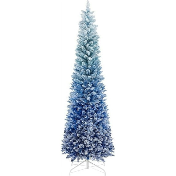 6FT Pencil Christmas Tree Snow Flocked, Hinged Artificial Xmas Tree with Gradient Blue Leaves, 435 Branch Tips, Foldable Metal Stand, Seasonal Holiday Decoration Tree for Home Party