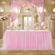 6FT Pink Tulle Table Cloth Tulle Desk Skirts Tutu Table Skirt Ruffle Tablecloth Rectangle Tables Cover Wrinkle Stretch Decorations