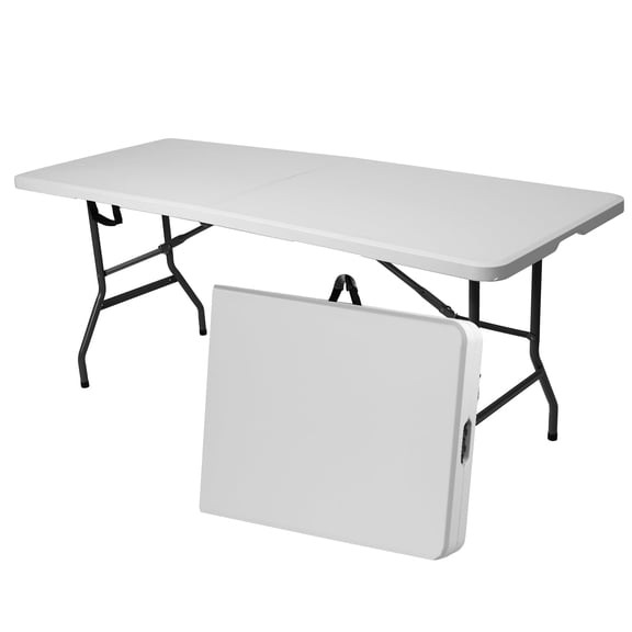 6FT Plastic Foldable Table with Carrying Handle, Outdoor Picnic Table Party Table for Camping, Wedding, Kitchen, Beach - White