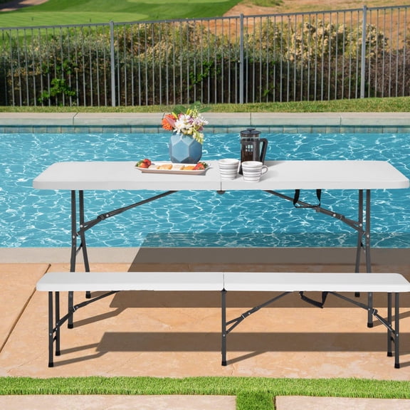 6FT Plastic Folding Bench Outdoor Bench Garden Bench Plastic Portable Bench with Carrying Handle for Picnic Camping Dining Party 1 Pack White