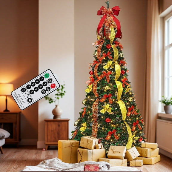 6FT Pop-Up Artificial Christmas Tree Pre-Lit 200LED Warm Lights Red Gold Pull Up Holiday Party Decorations