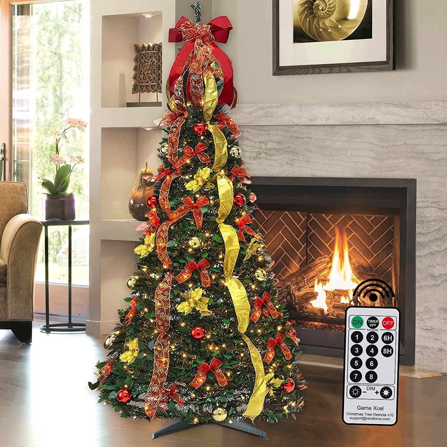 Pop up Christmas Tree with Lights and Decorations & Remote, 6FT Prelit Pull  up A