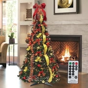 6FT Pop Up Christmas Tree Artificial with Remote, Pull Up Christmas Tree with Pre-lit 200LED Warm Lights, Holiday Party Decorations Red Gold