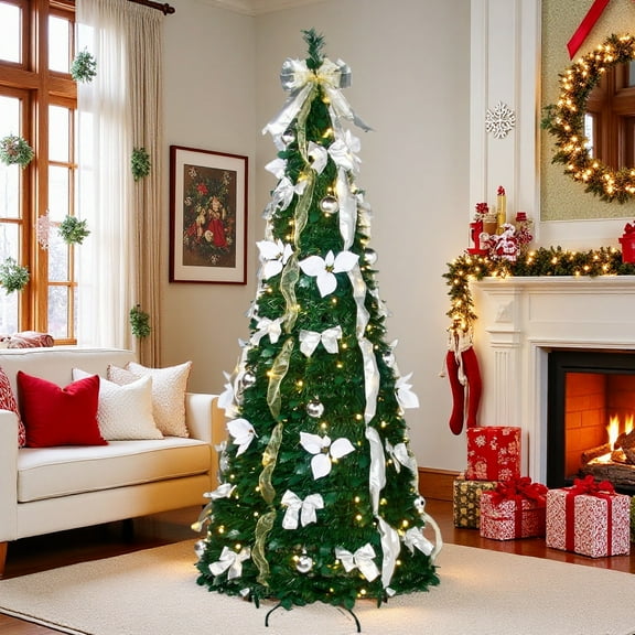 6FT Pop-Up Christmas Tree with 200 Clear LED Lights, Christmas Decorations with White Bows and Glittering Ornaments for a Winter Wonderland Display