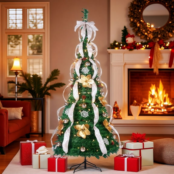 6FT Pop-Up Christmas Tree with Remote, Collapsible Pre-Lit & Pre-Decorated with 200 Warm White LEDs for Easy Holiday Setup, Champagne Gold