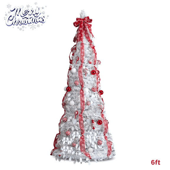 6FT Pop-Up Fully Decorated Christmas Tree with Red & White Ornaments, Warm White LED Lights, 8 Lighting Modes, Easy Assembly & Collapsible Storage