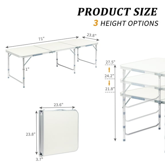 6FT Portable Folding Camping Table, Outdoor Waterproof Adjustable Height Table, Aluminum Lightweight Suitcase Foldable Table for Picnic BBQ Beach Dining