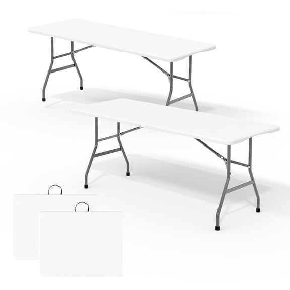 6FT Portable Folding Table 2 Pack, HDPE Plastic Foldable Table with Carry Handle, Heavy Duty Fold-in-Half Table for Camping, Parties, Picnic, BBQ, Events, Indoor Outdoor, White