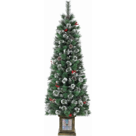 6ft Potted Artificial Christmas Tree with 140 Warm LED Lights, Pencil Tree for Outdoor Dcor,  Light Box & Chalk Body for Porch & Front Door