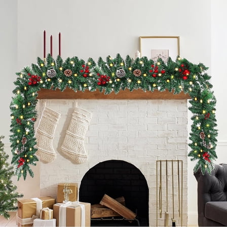 6FT Pre-Lit Artificial Christmas Garland with Warm White LED Lights, Realistic Pine Cones and Red Berries for Fireplace Mantle Holiday Decor