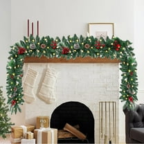 6FT Pre-Lit Artificial Christmas Garland with Warm White LED Lights, Realistic Pine Cones and Red Berries for Fireplace Mantle Holiday Decor